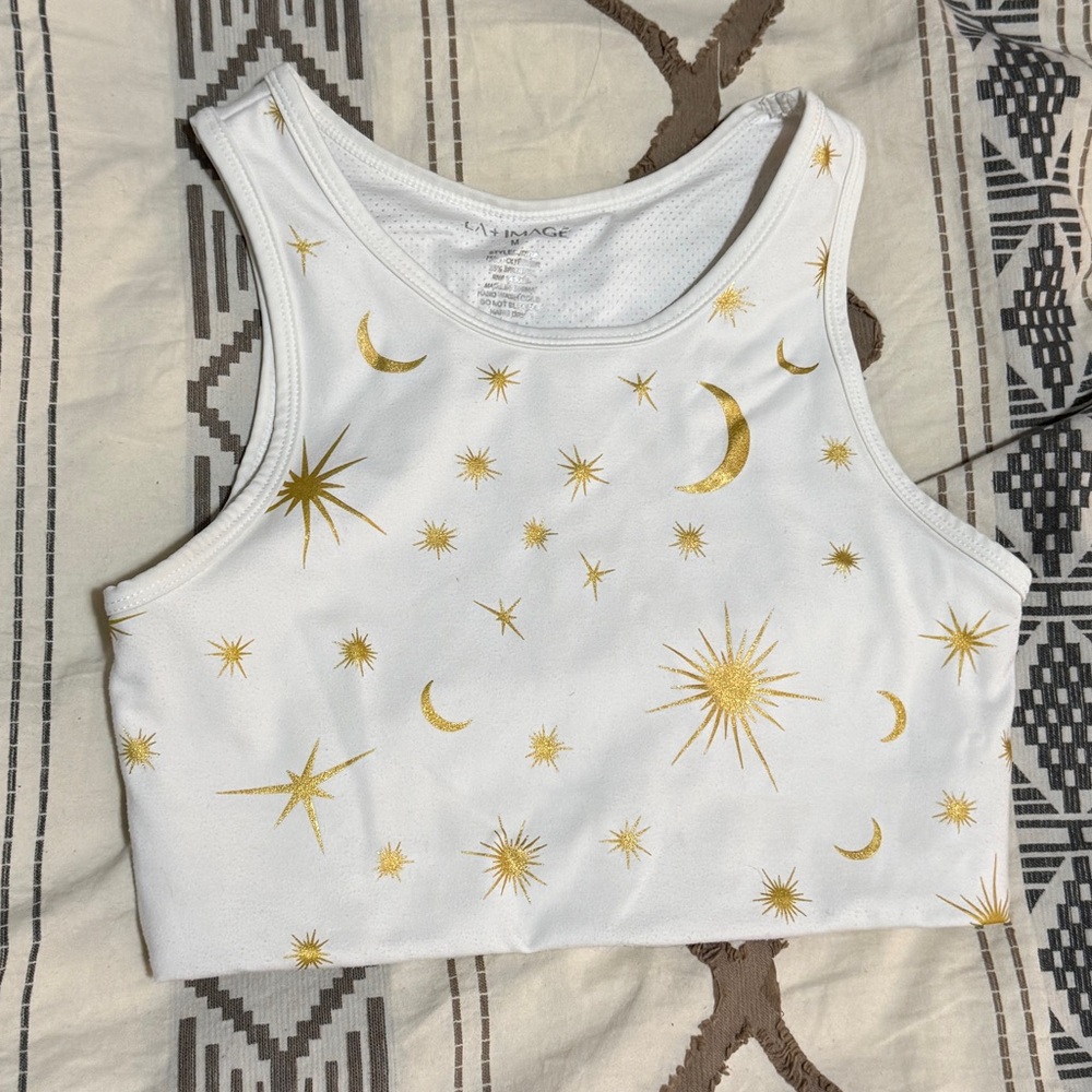 White Moon and Stars Golden Athletic Crop